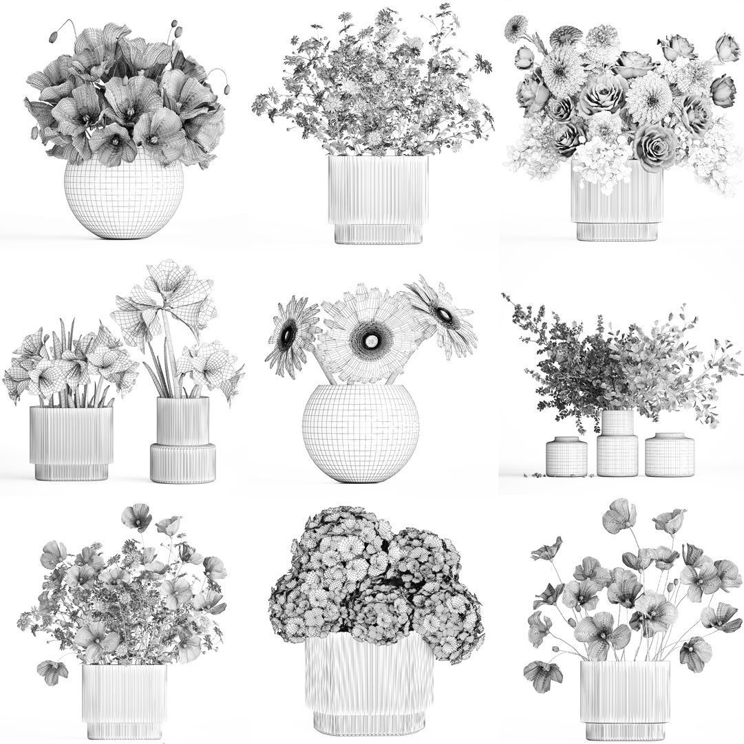 Collection of flower bouquets and vase set of 45 pieces 3D model_26