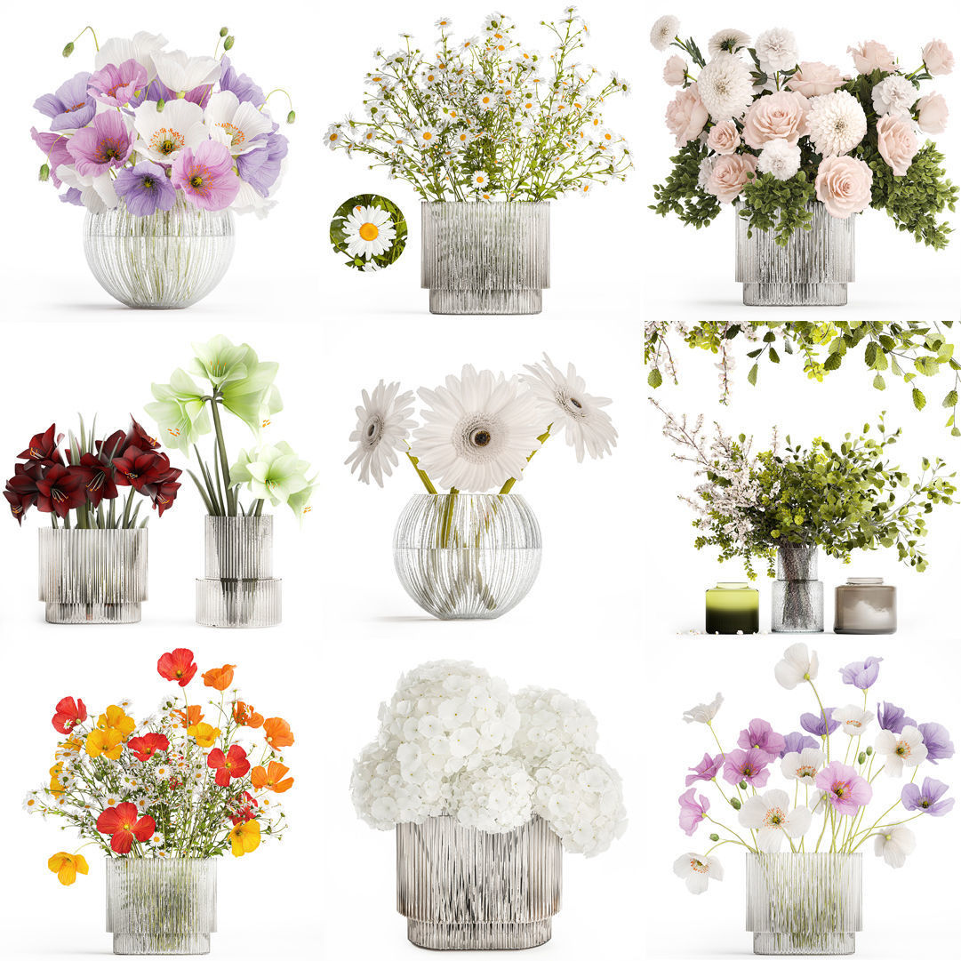 Collection of flower bouquets and vase set of 45 pieces 3D model_11