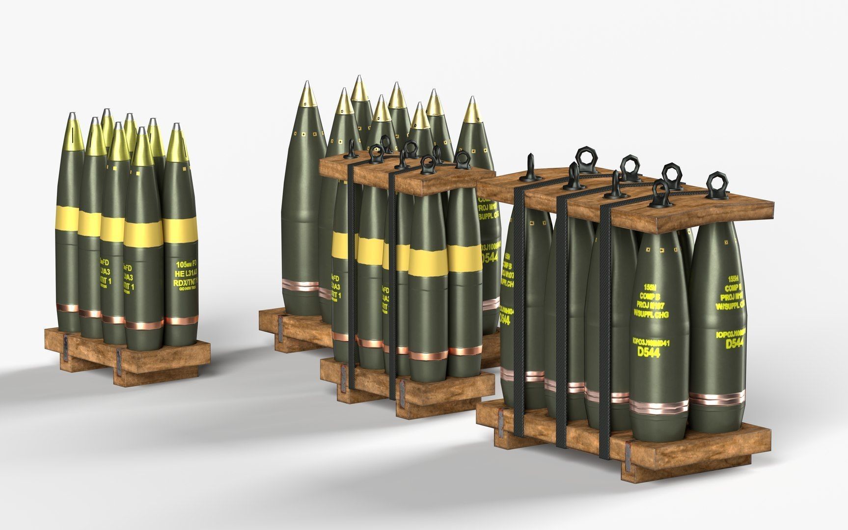 Artillery Shell Crate Packed 105mm 155mm LODs Game Ready Low-poly 3D model_6