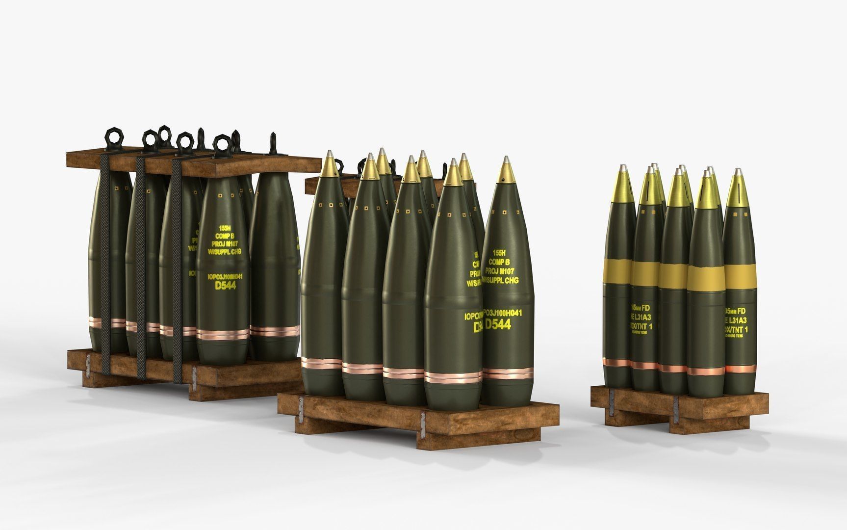 Artillery Shell Crate Packed 105mm 155mm LODs Game Ready Low-poly 3D model_10