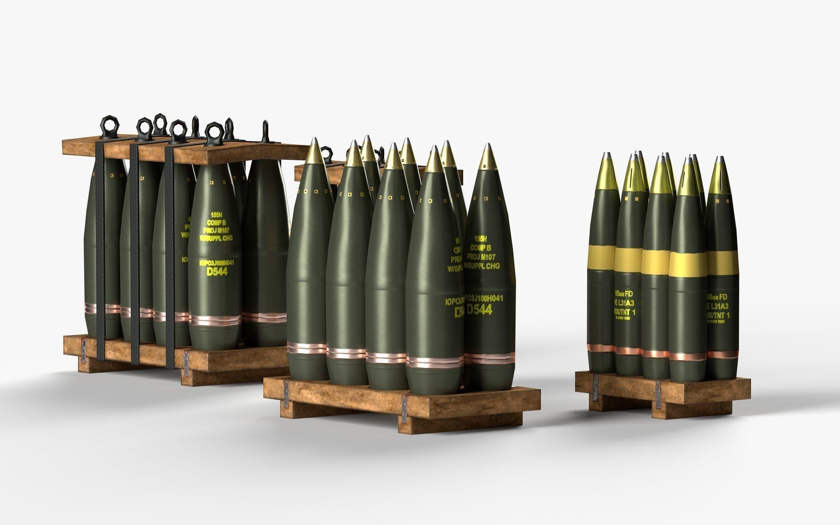 Artillery Shell Crate Packed 105mm 155mm LODs Game Ready Low-poly 3D model_8