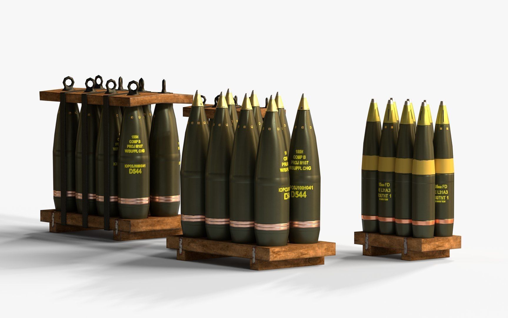 Artillery Shell Crate Packed 105mm 155mm LODs Game Ready Low-poly 3D model_3