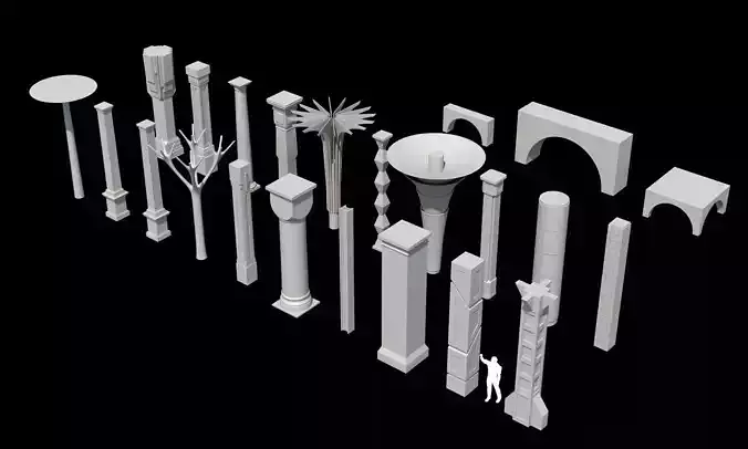 Collection of 20 columns from traditional to modern - kitbash Low-poly 3D model