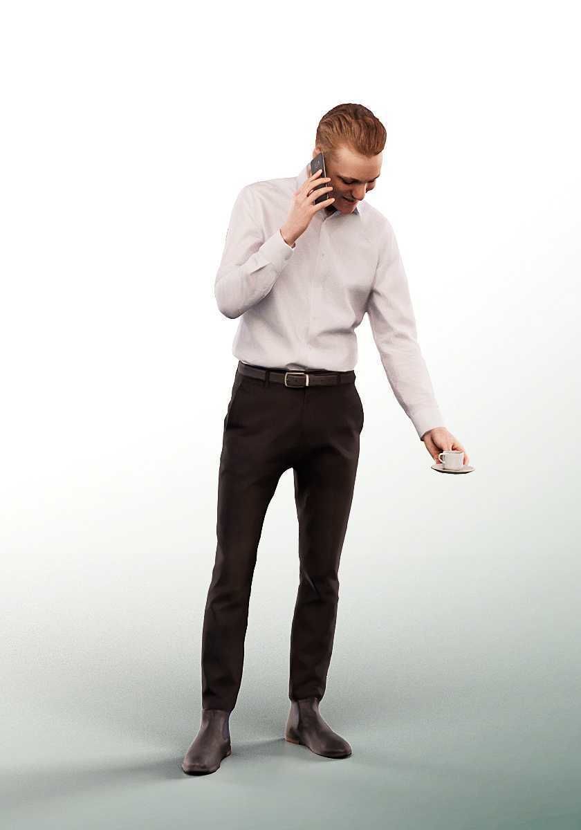 Roni 15155 - Young Business Man Serving Coffee Phone Call Low-poly 3D model_2