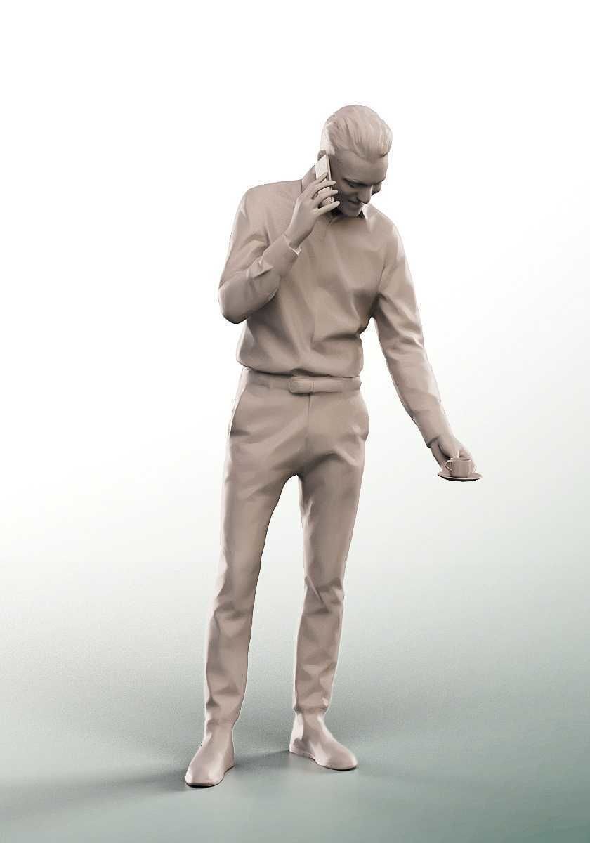 Roni 15155 - Young Business Man Serving Coffee Phone Call Low-poly 3D model_4