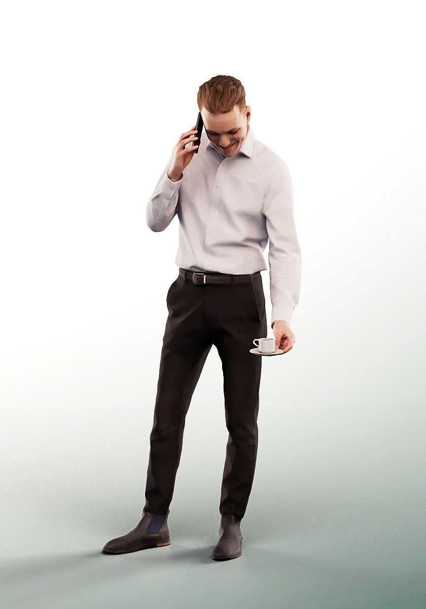 Roni 15155 - Young Business Man Serving Coffee Phone Call Low-poly 3D model_1