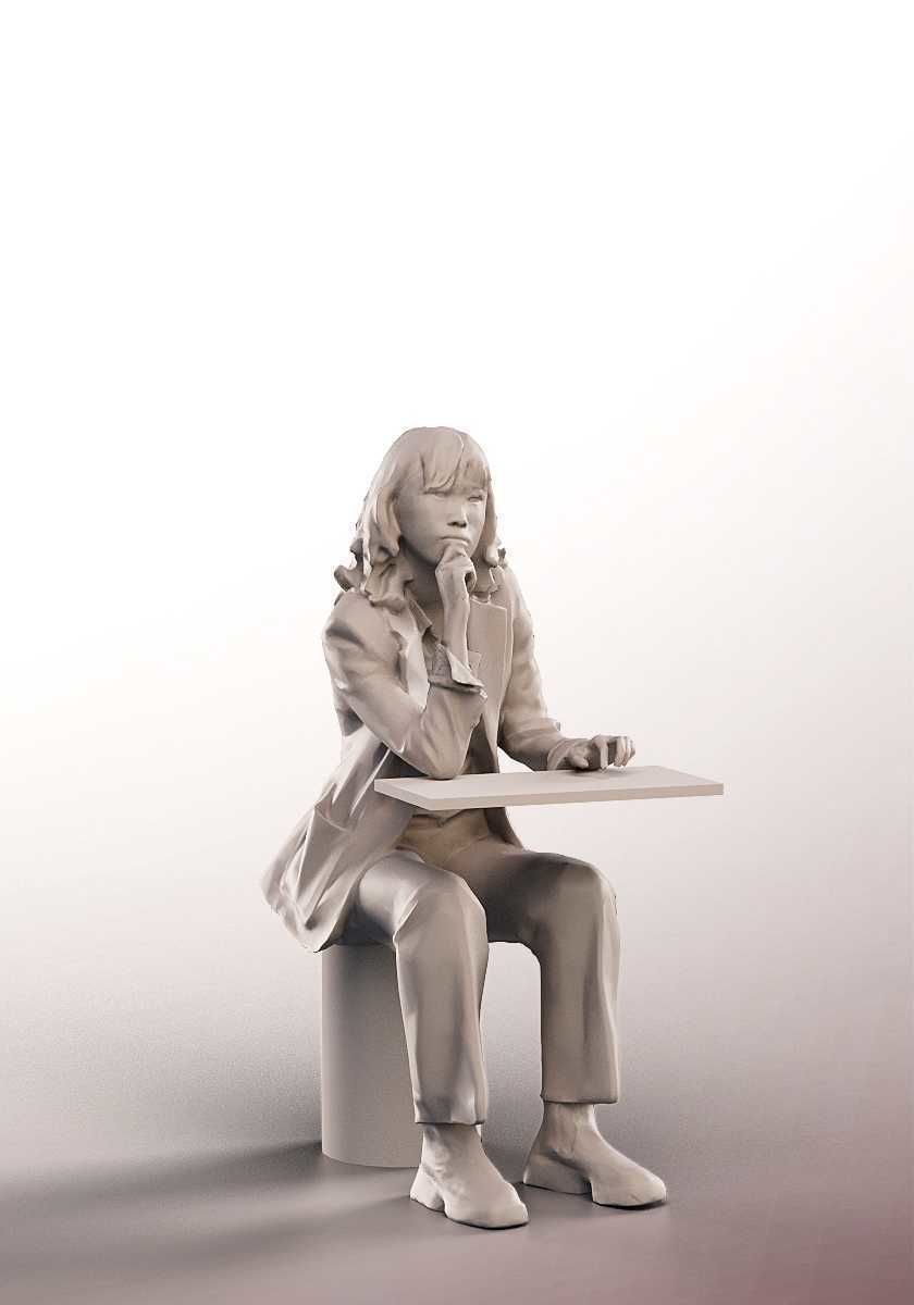 Hina 14607 - Sitting Casual Asian Girl Red Hair Low-poly 3D model_4