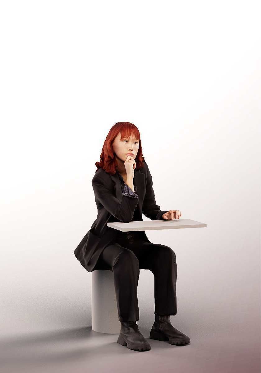Hina 14607 - Sitting Casual Asian Girl Red Hair Low-poly 3D model_2