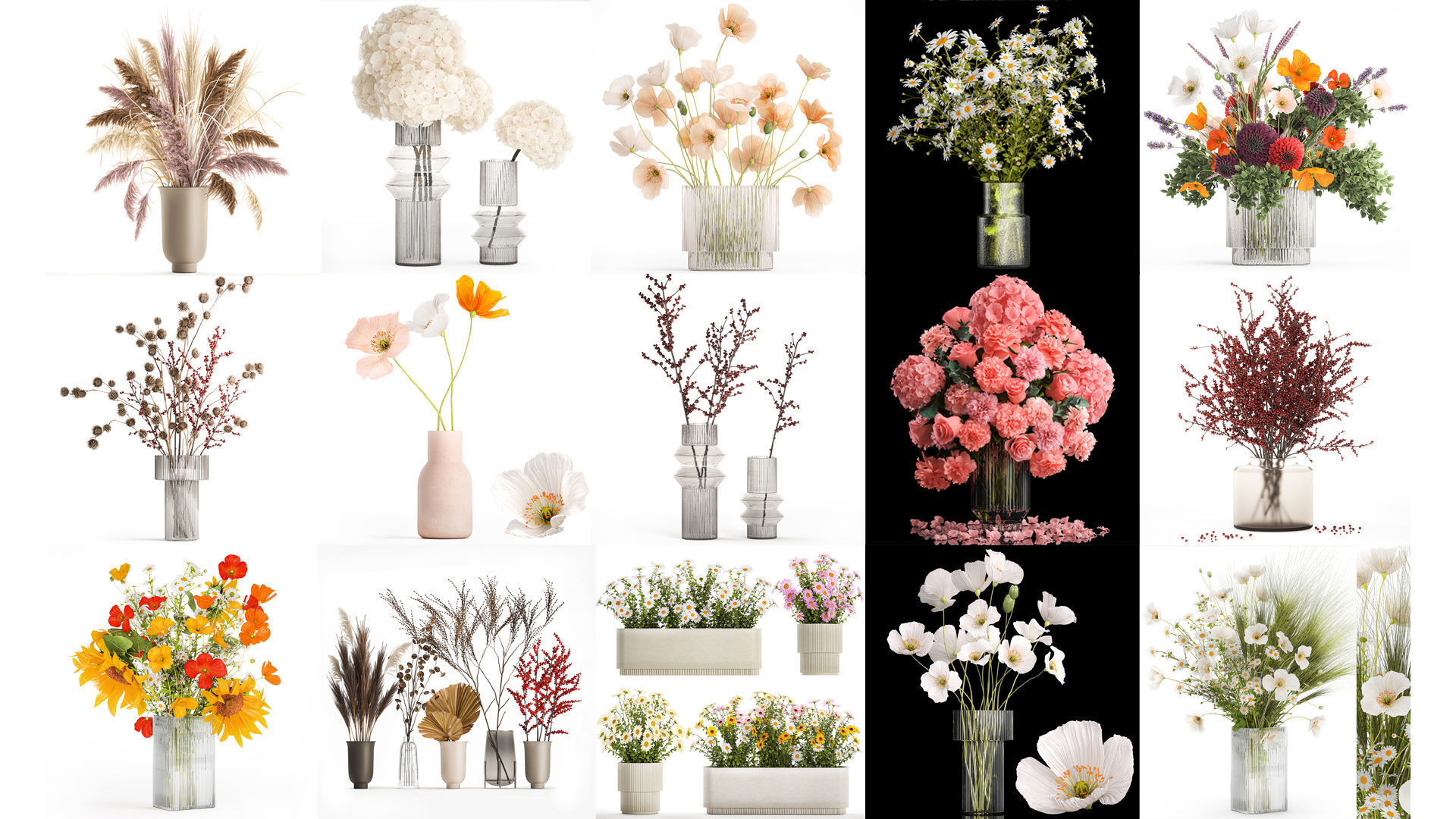 Collection of flower bouquets and vase set of 36 pieces 3D model_3