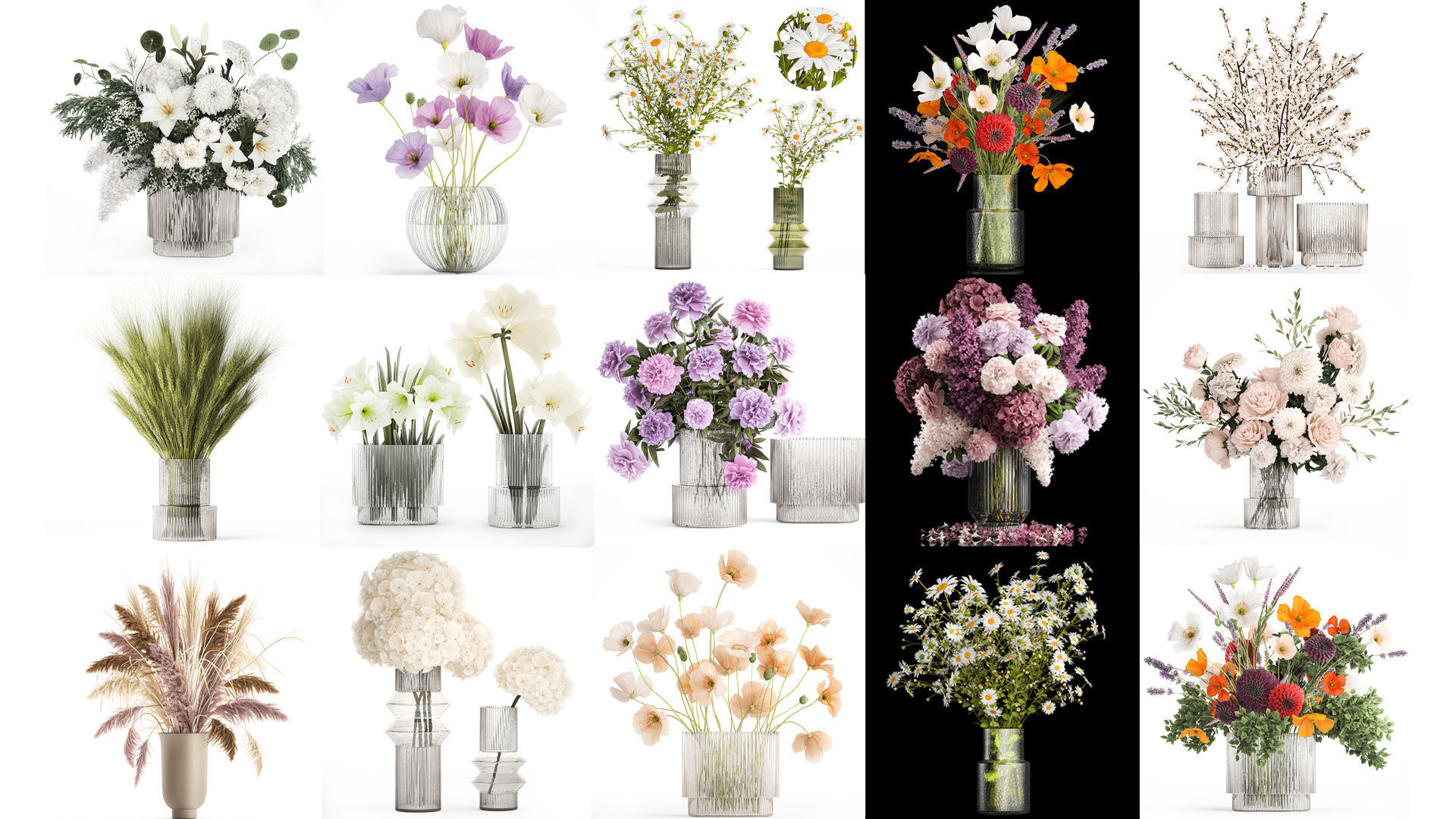 Collection of flower bouquets and vase set of 36 pieces 3D model_1