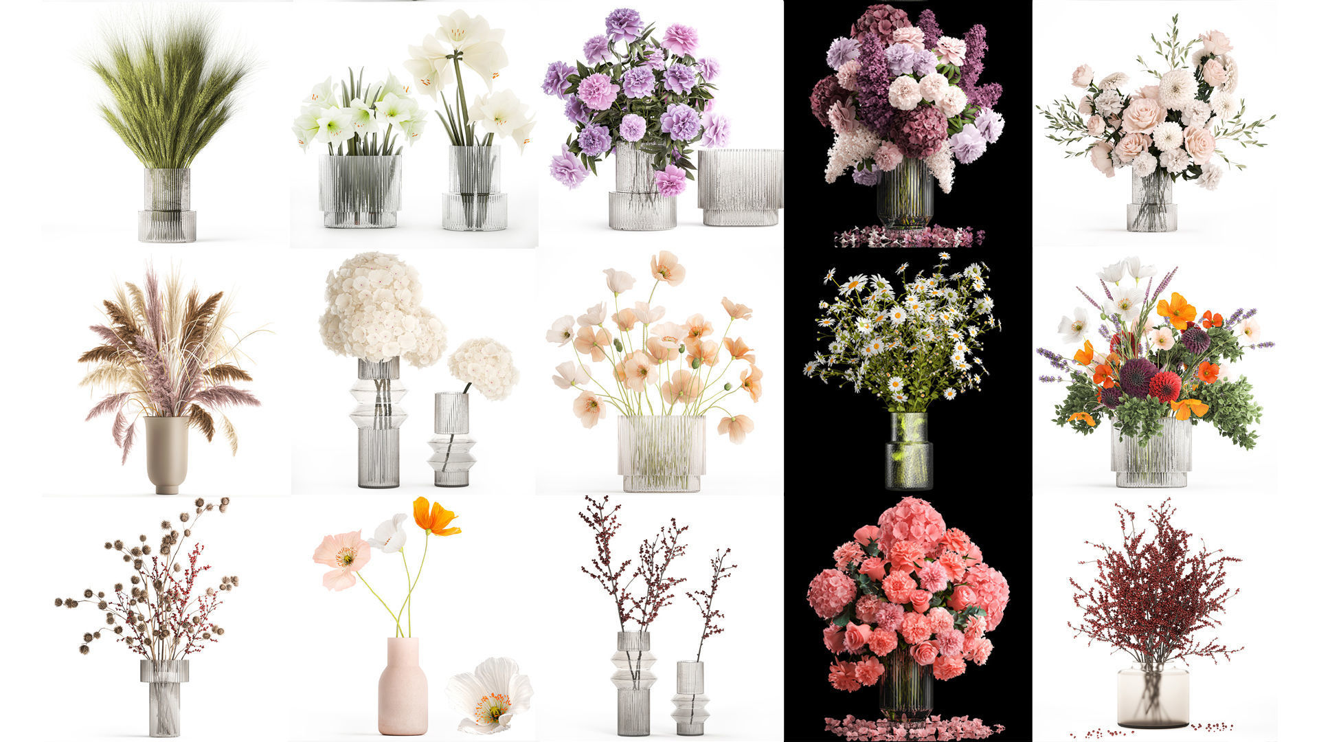 Collection of flower bouquets and vase set of 36 pieces 3D model_5