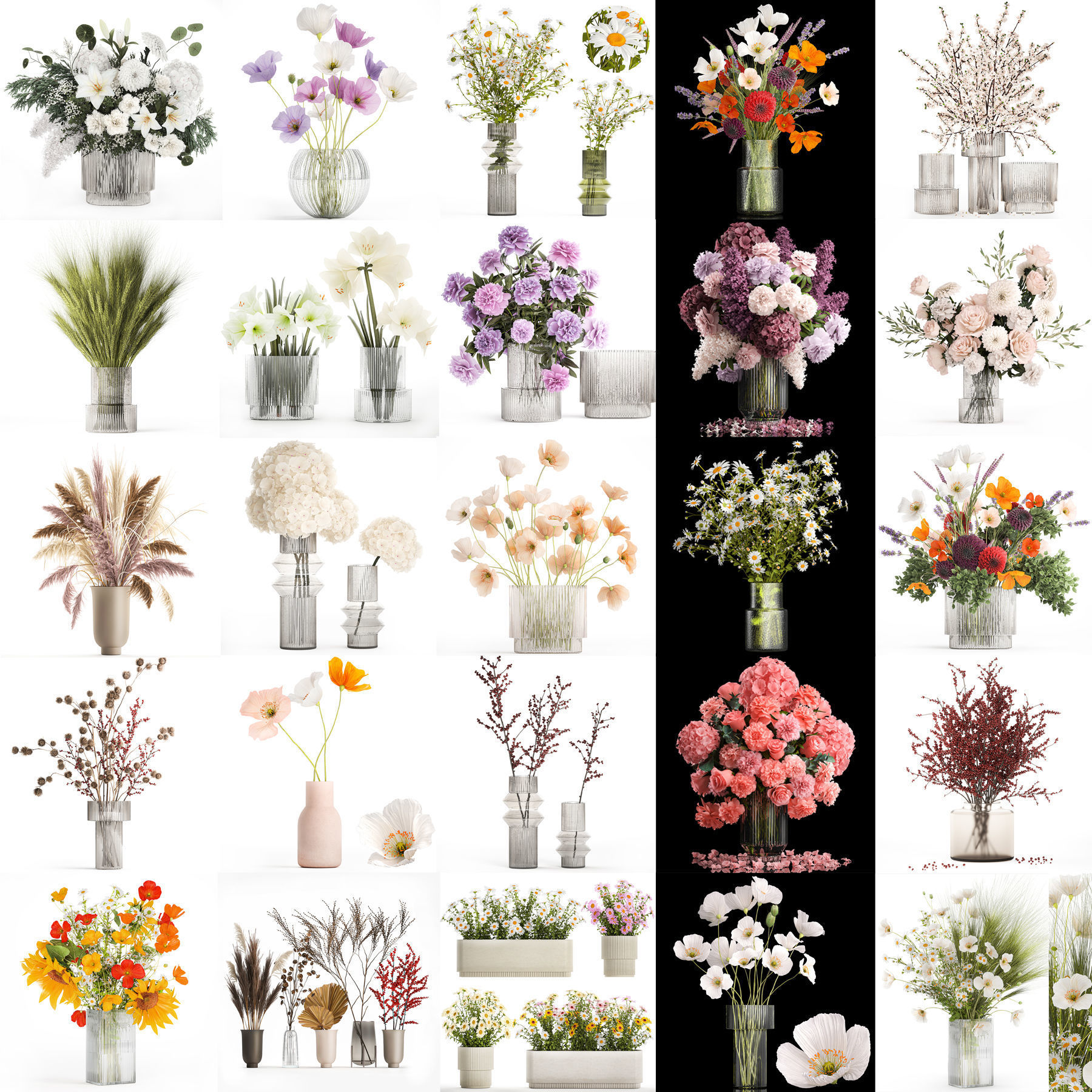 Collection of flower bouquets and vase set of 36 pieces 3D model_17