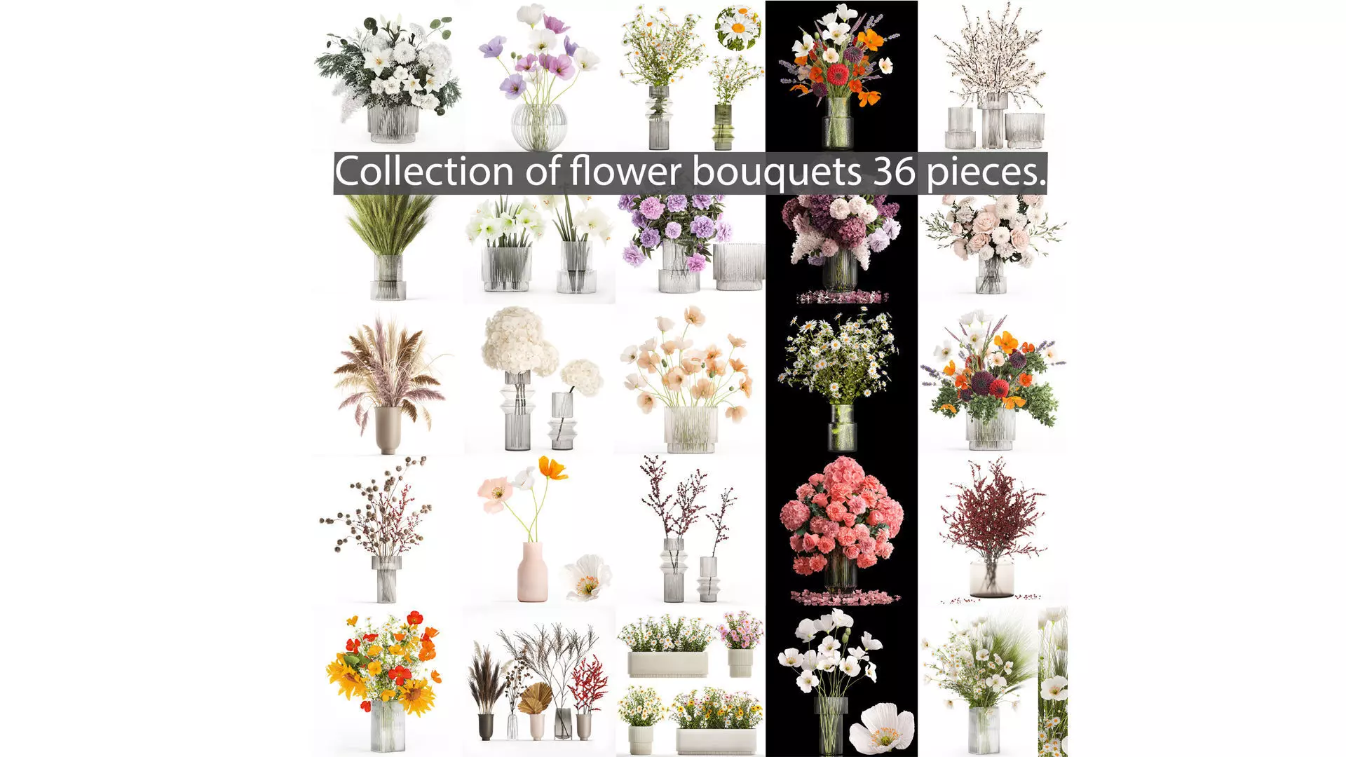 Collection of flower bouquets and vase set of 36 pieces 3D model_0