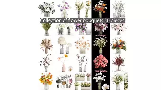 Collection of flower bouquets and vase set of 36 pieces