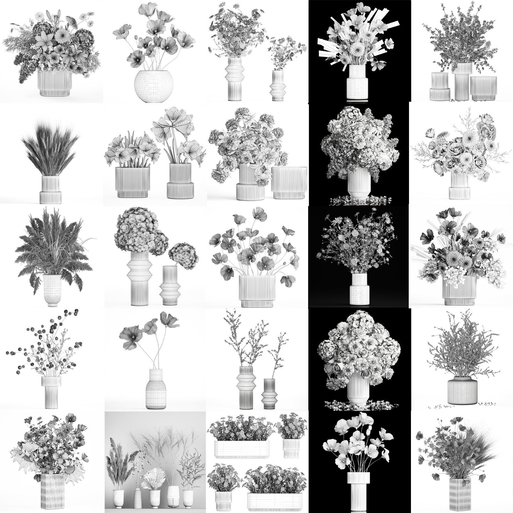 Collection of flower bouquets and vase set of 36 pieces 3D model_25