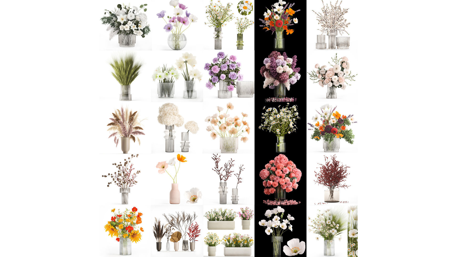 Collection of flower bouquets and vase set of 36 pieces 3D model_8