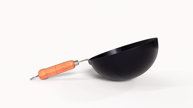 FryPan and Iron Wok with Wooden Handle for Kitchen  Low-poly 3D model 6