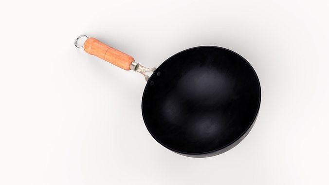 FryPan and Iron Wok with Wooden Handle for Kitchen  Low-poly 3D model 5
