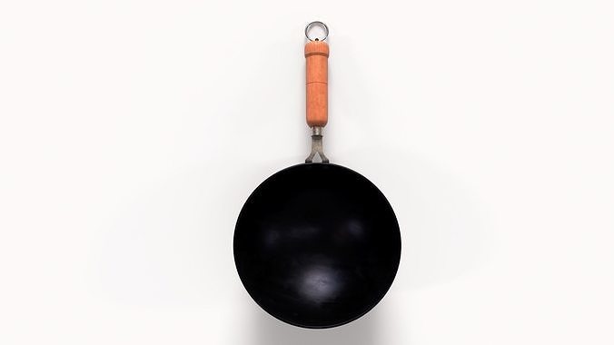 FryPan and Iron Wok with Wooden Handle for Kitchen  Low-poly 3D model 2