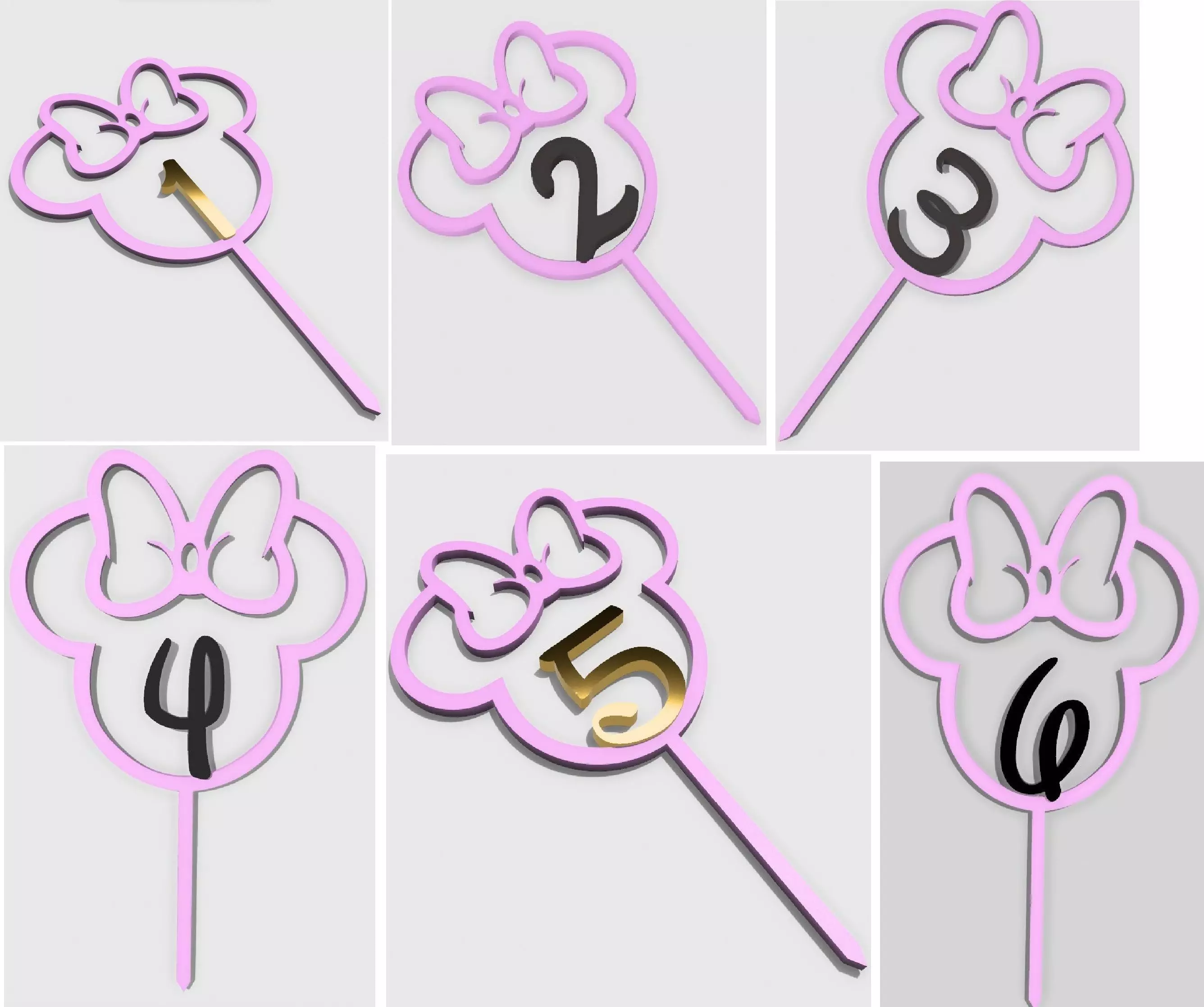 Minnie mouse Cake Toppers  manual color swap 1-6 years 3D print model_0
