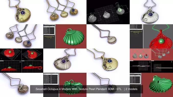 Seashell Octopus 4 Models With Texture Pearl Pendant 3DM - STL  