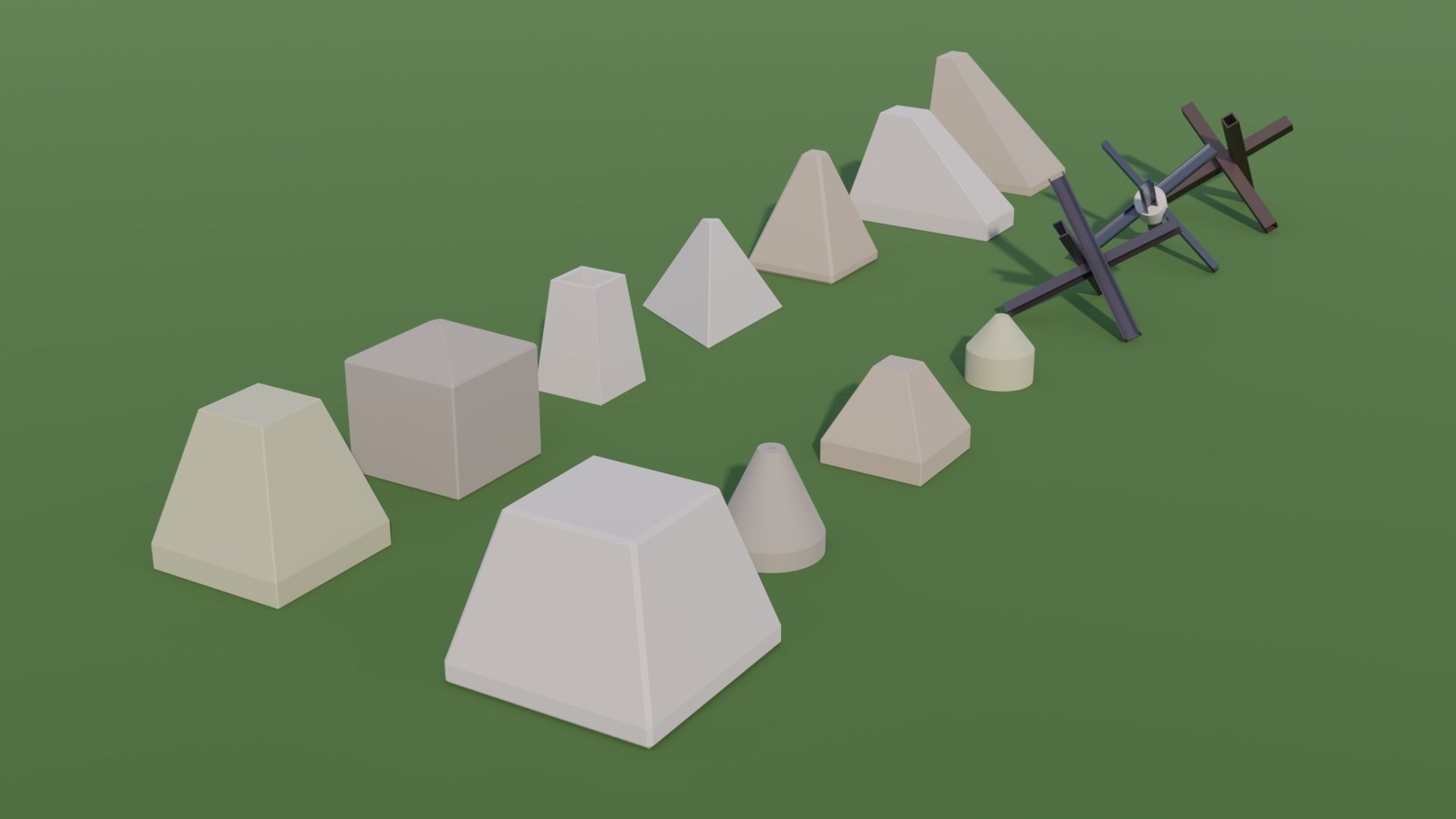 Anti Tank Obstacles - Concrete Blocks Czech Hedgehogs Barriers Low-poly 3D model_5