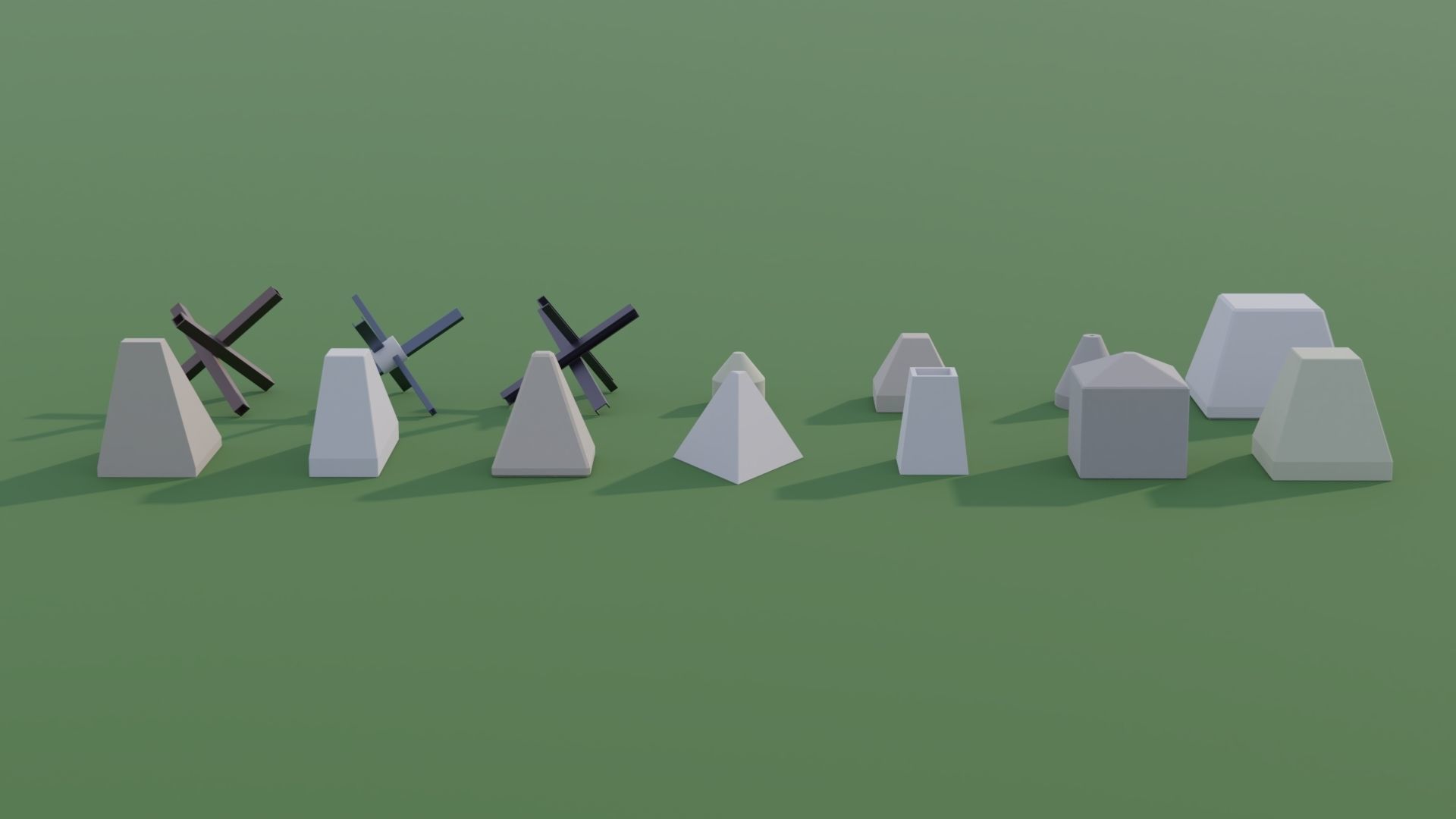 Anti Tank Obstacles - Concrete Blocks Czech Hedgehogs Barriers Low-poly 3D model_8
