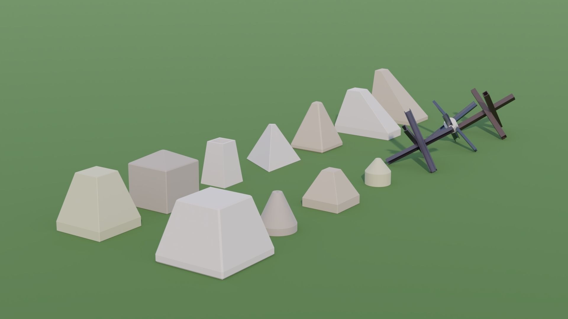 Anti Tank Obstacles - Concrete Blocks Czech Hedgehogs Barriers Low-poly 3D model_13