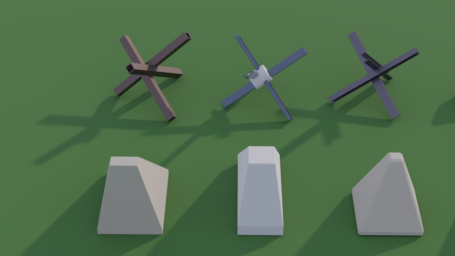 Anti Tank Obstacles - Concrete Blocks Czech Hedgehogs Barriers Low-poly 3D model_4