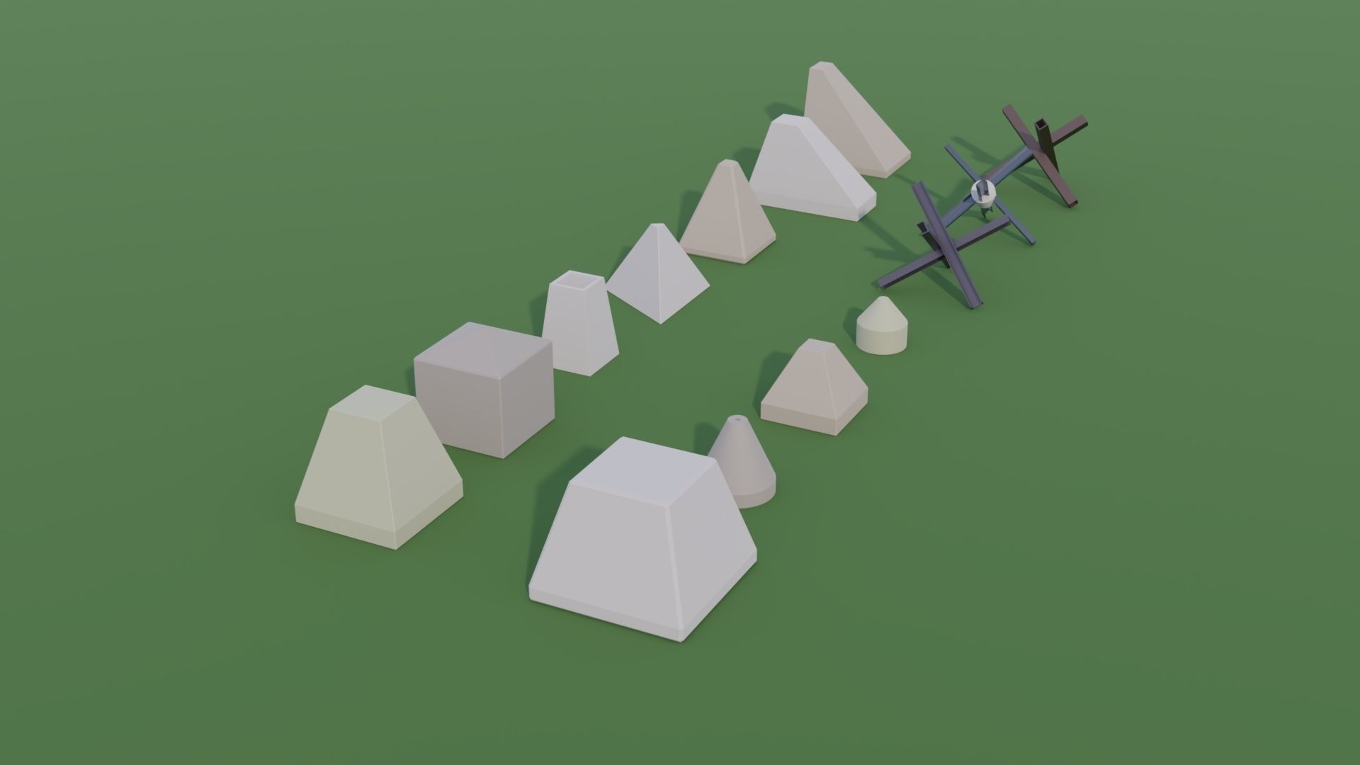 Anti Tank Obstacles - Concrete Blocks Czech Hedgehogs Barriers Low-poly 3D model_7