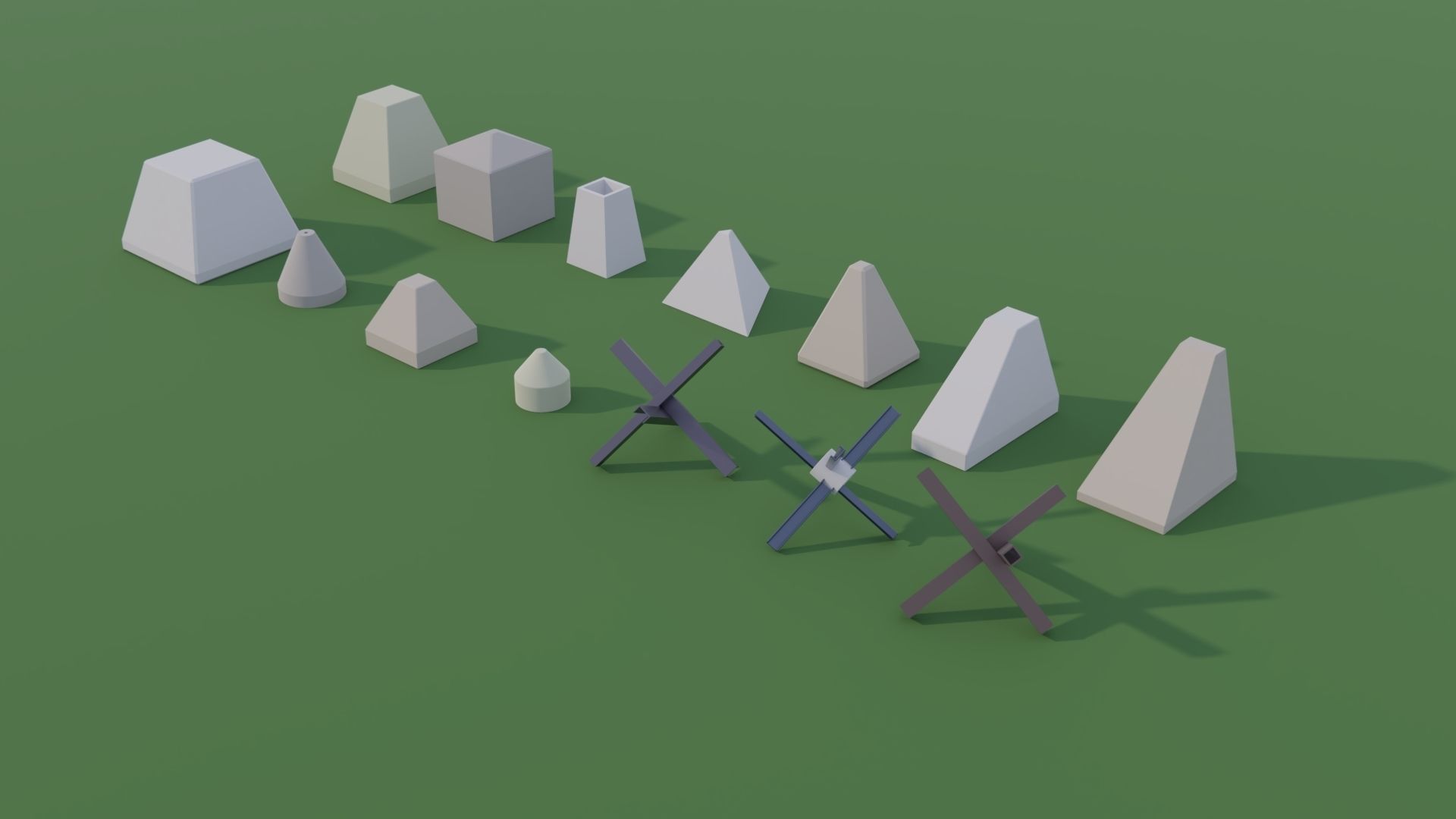 Anti Tank Obstacles - Concrete Blocks Czech Hedgehogs Barriers Low-poly 3D model_1