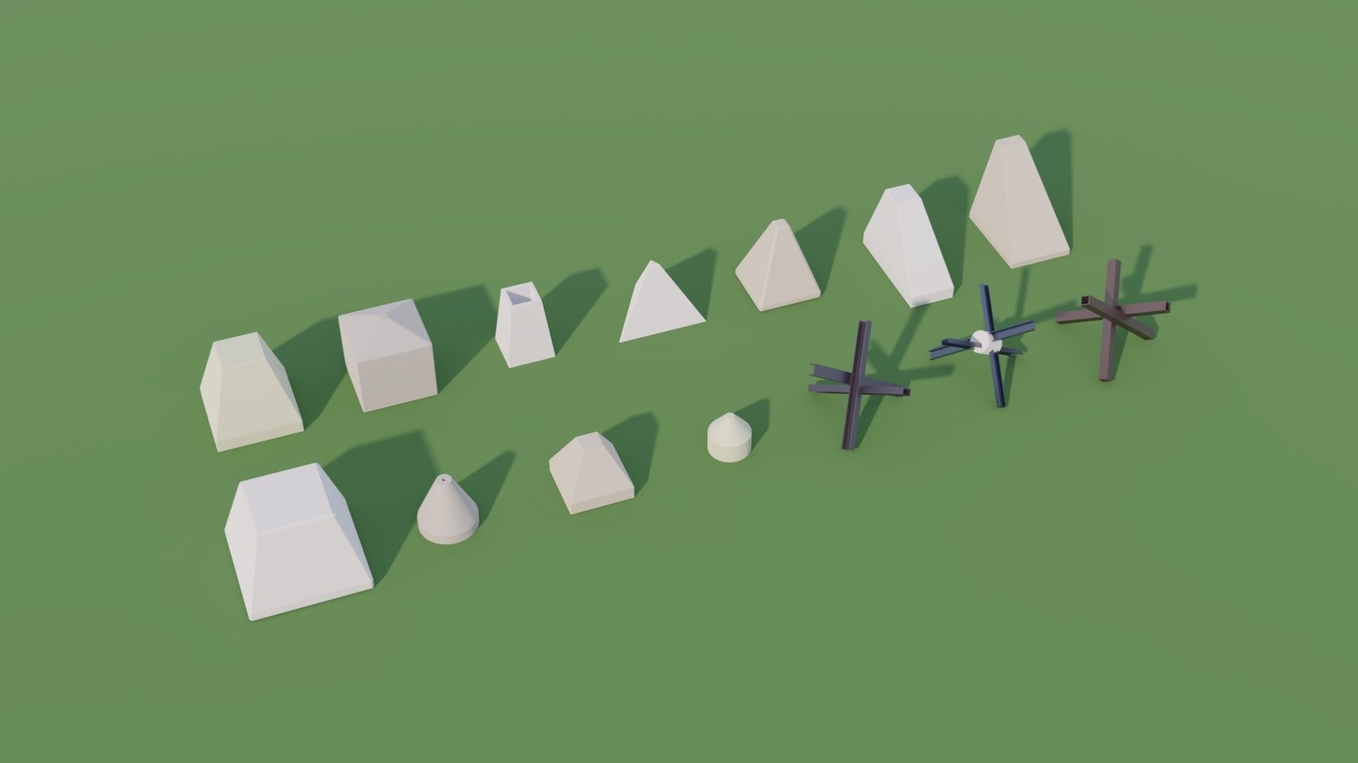 Anti Tank Obstacles - Concrete Blocks Czech Hedgehogs Barriers Low-poly 3D model_3