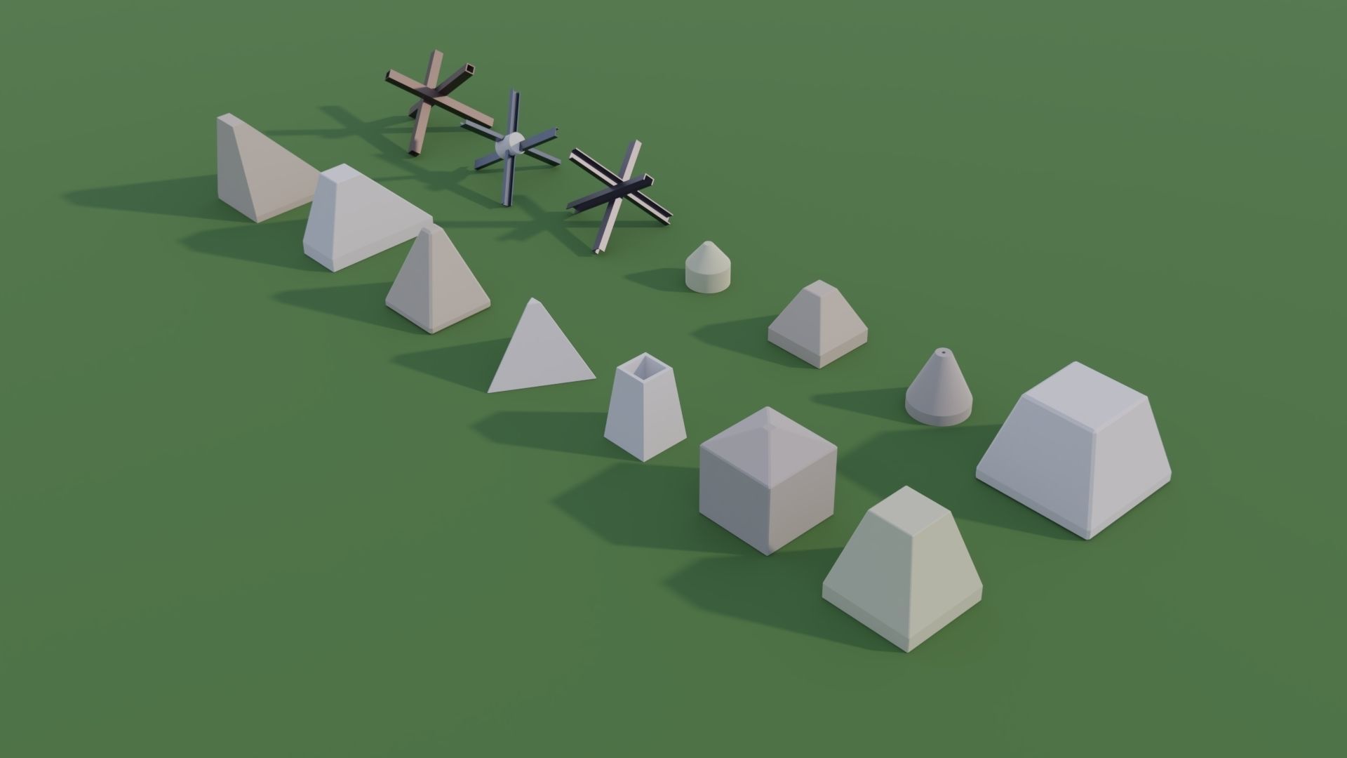 Anti Tank Obstacles - Concrete Blocks Czech Hedgehogs Barriers Low-poly 3D model_6