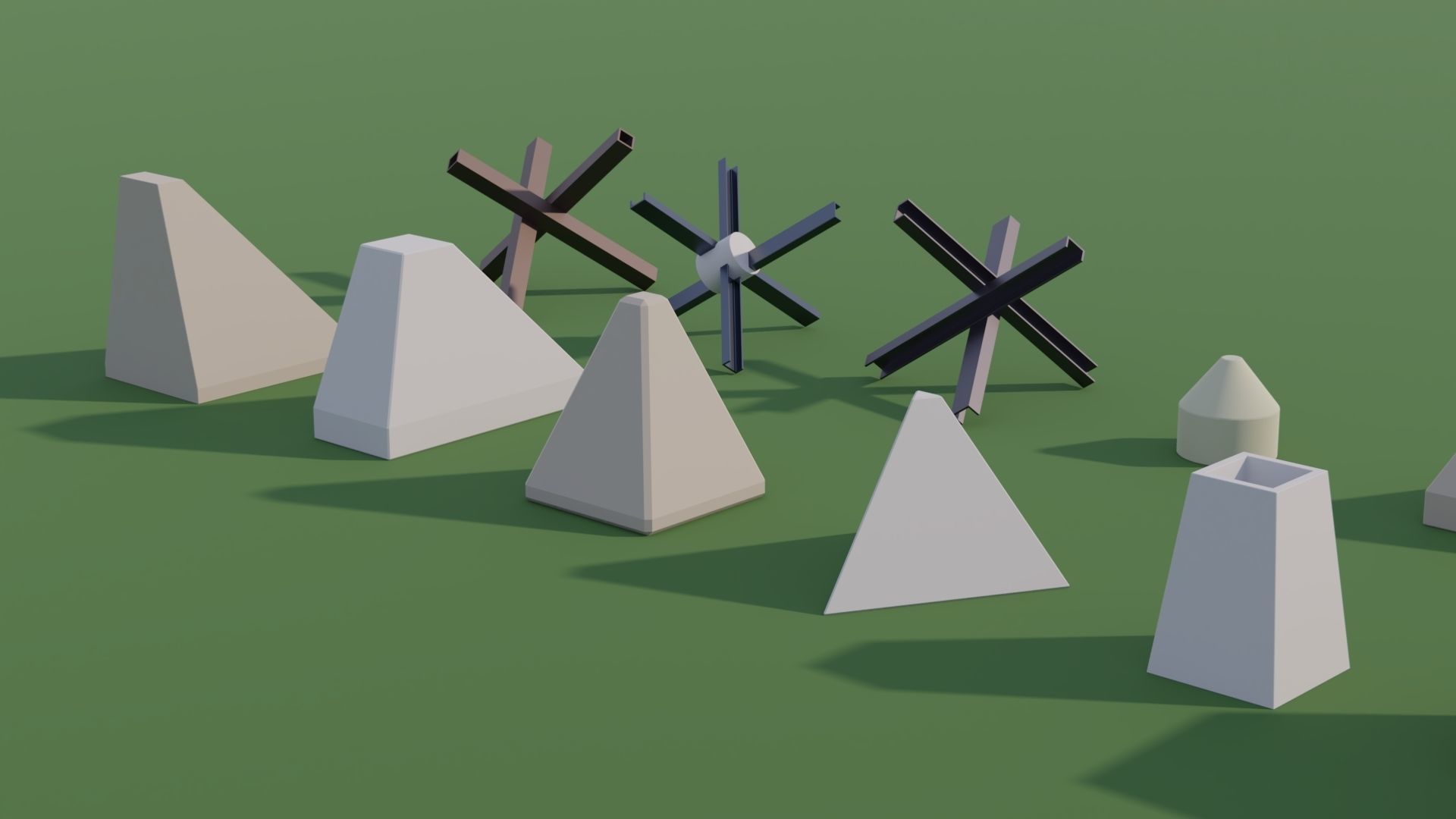 Anti Tank Obstacles - Concrete Blocks Czech Hedgehogs Barriers Low-poly 3D model_14