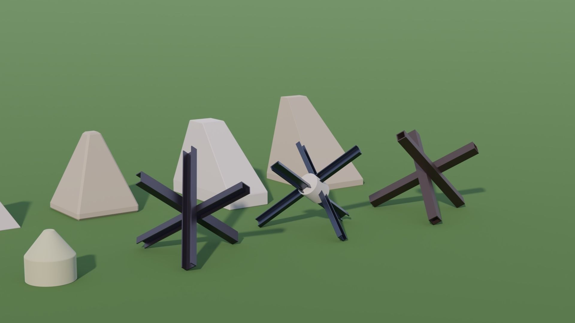 Anti Tank Obstacles - Concrete Blocks Czech Hedgehogs Barriers Low-poly 3D model_9