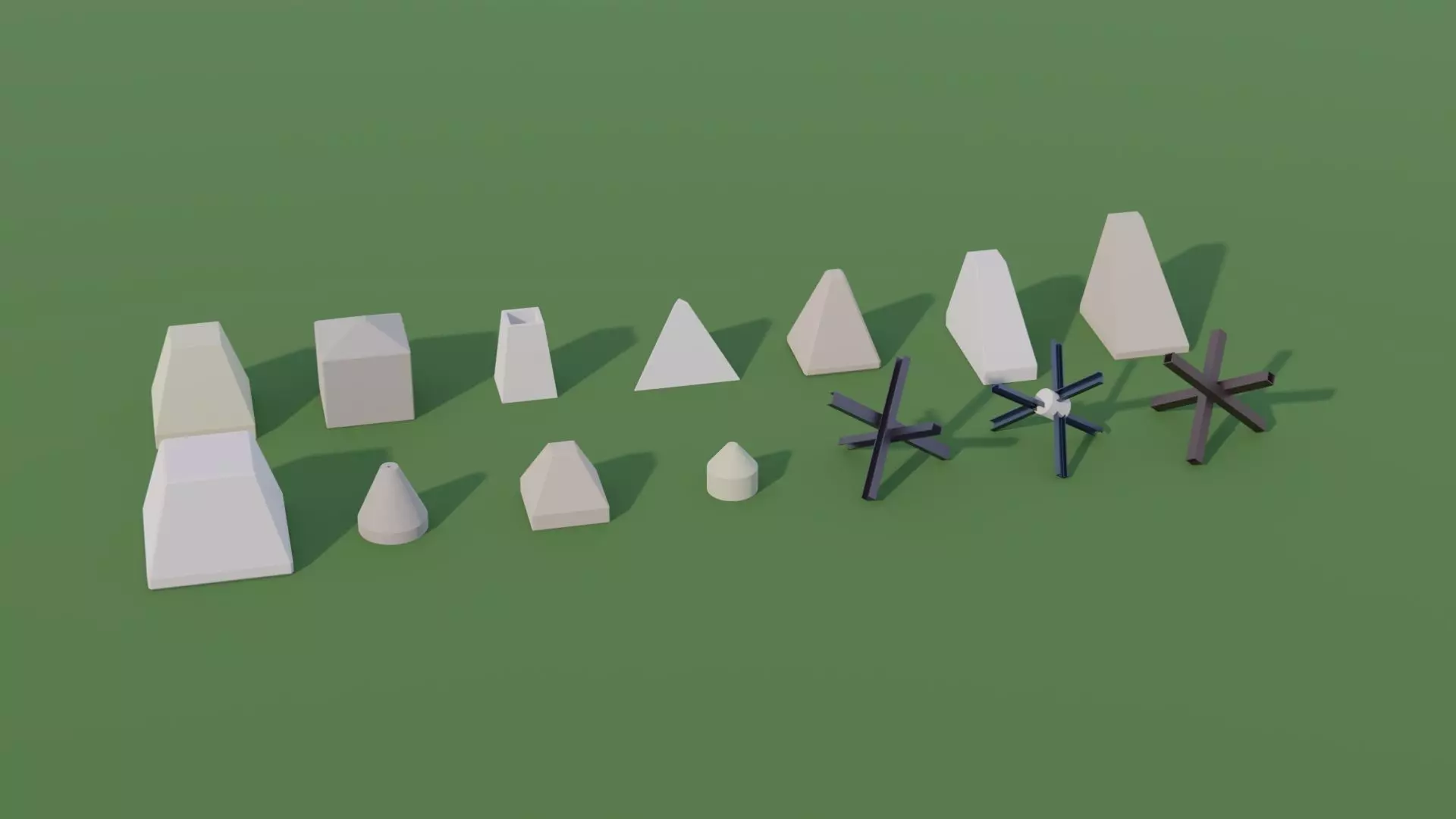 Anti Tank Obstacles - Concrete Blocks Czech Hedgehogs Barriers Low-poly 3D model_0