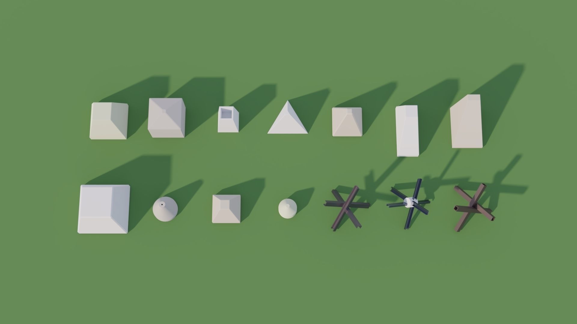 Anti Tank Obstacles - Concrete Blocks Czech Hedgehogs Barriers Low-poly 3D model_2