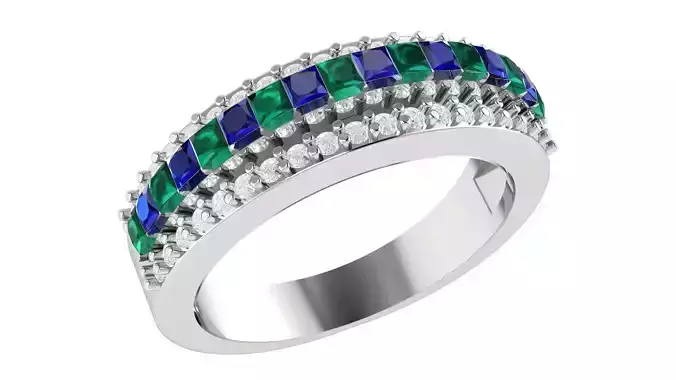 Emerald Sapphire Diamond Band Ring 3dm stl 1-Render details
