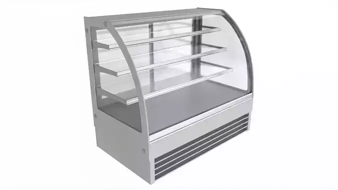 Store cake display shelf with curved glass and cooling