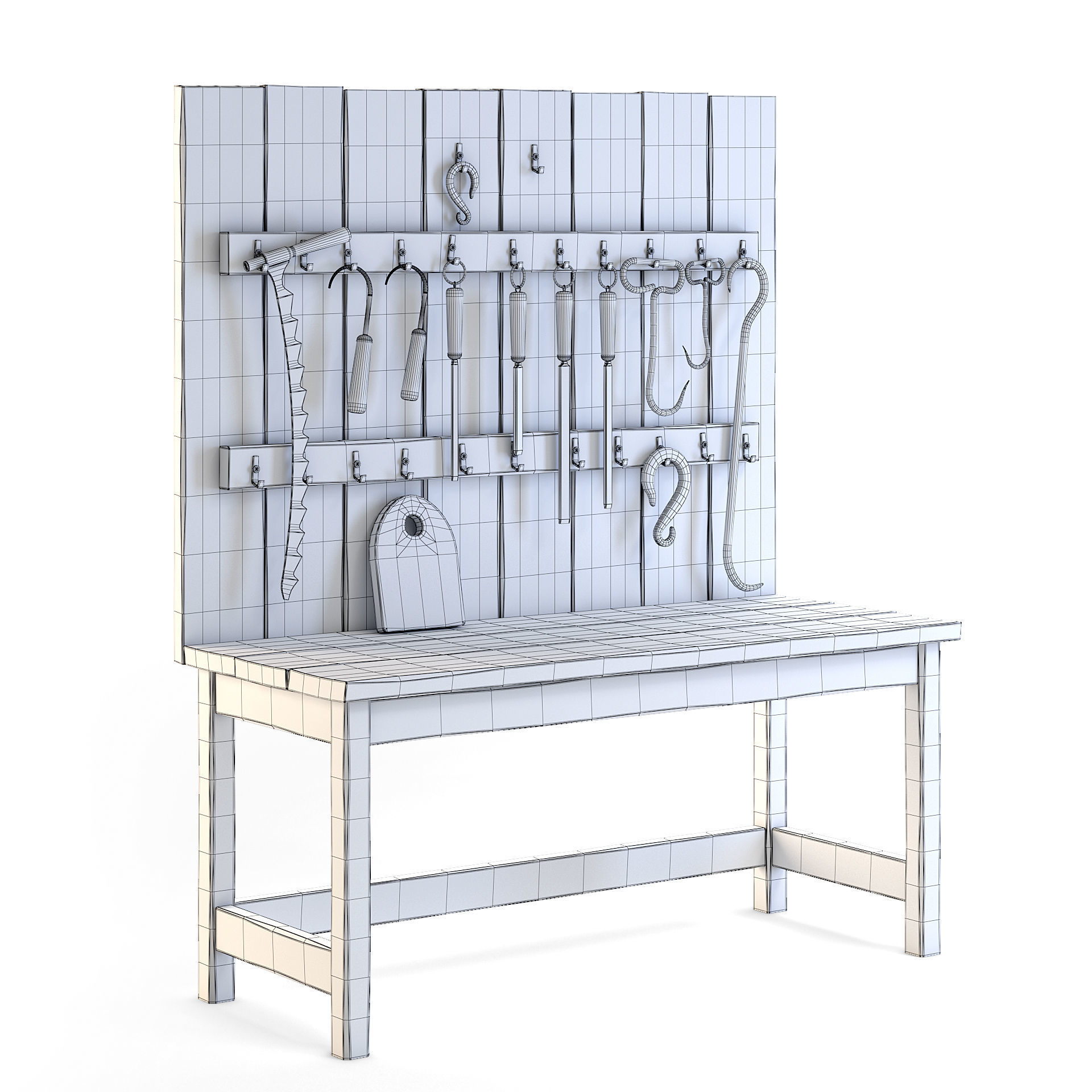 Old Wooden Wall Table with Tools 3D model_1