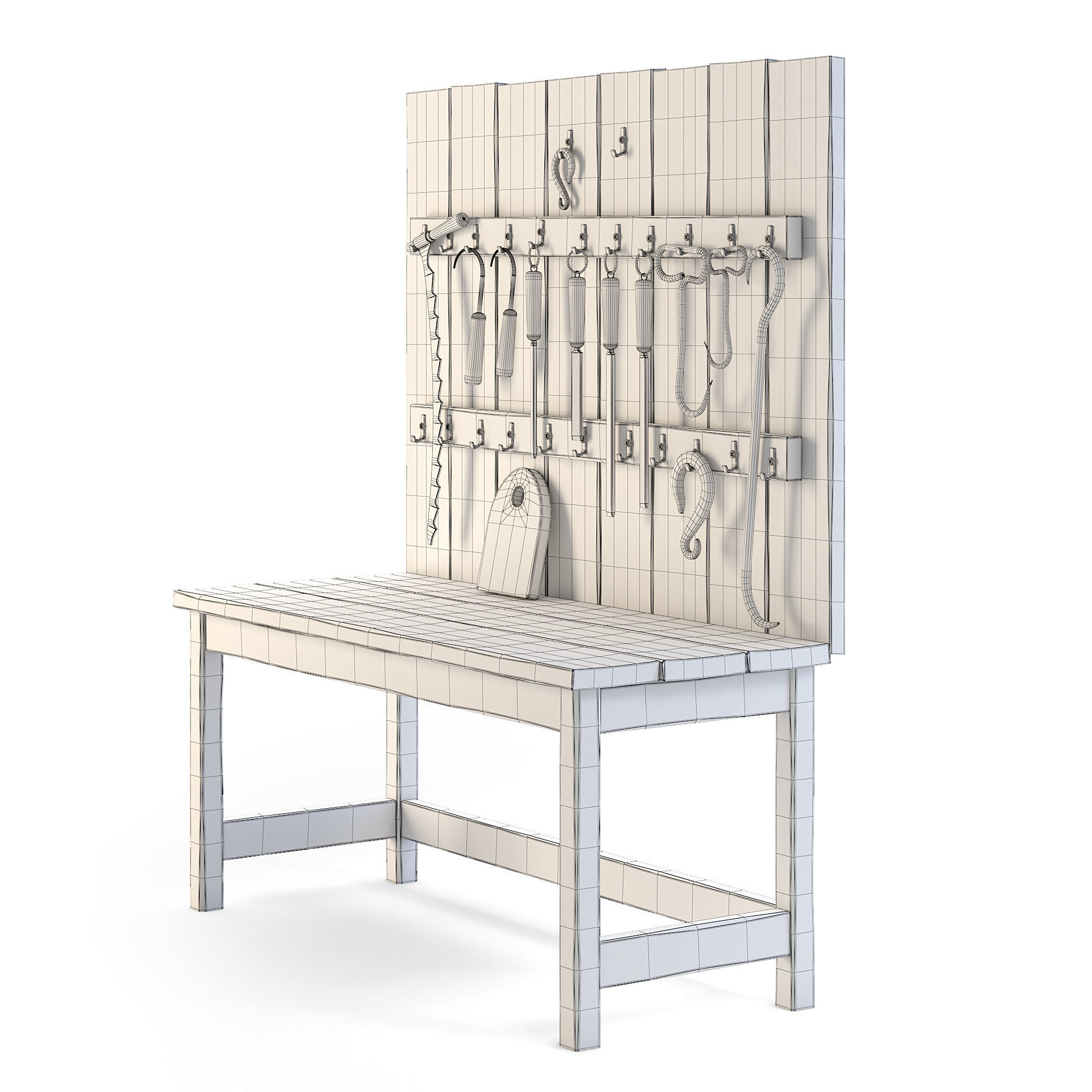 Old Wooden Wall Table with Tools 3D model_3