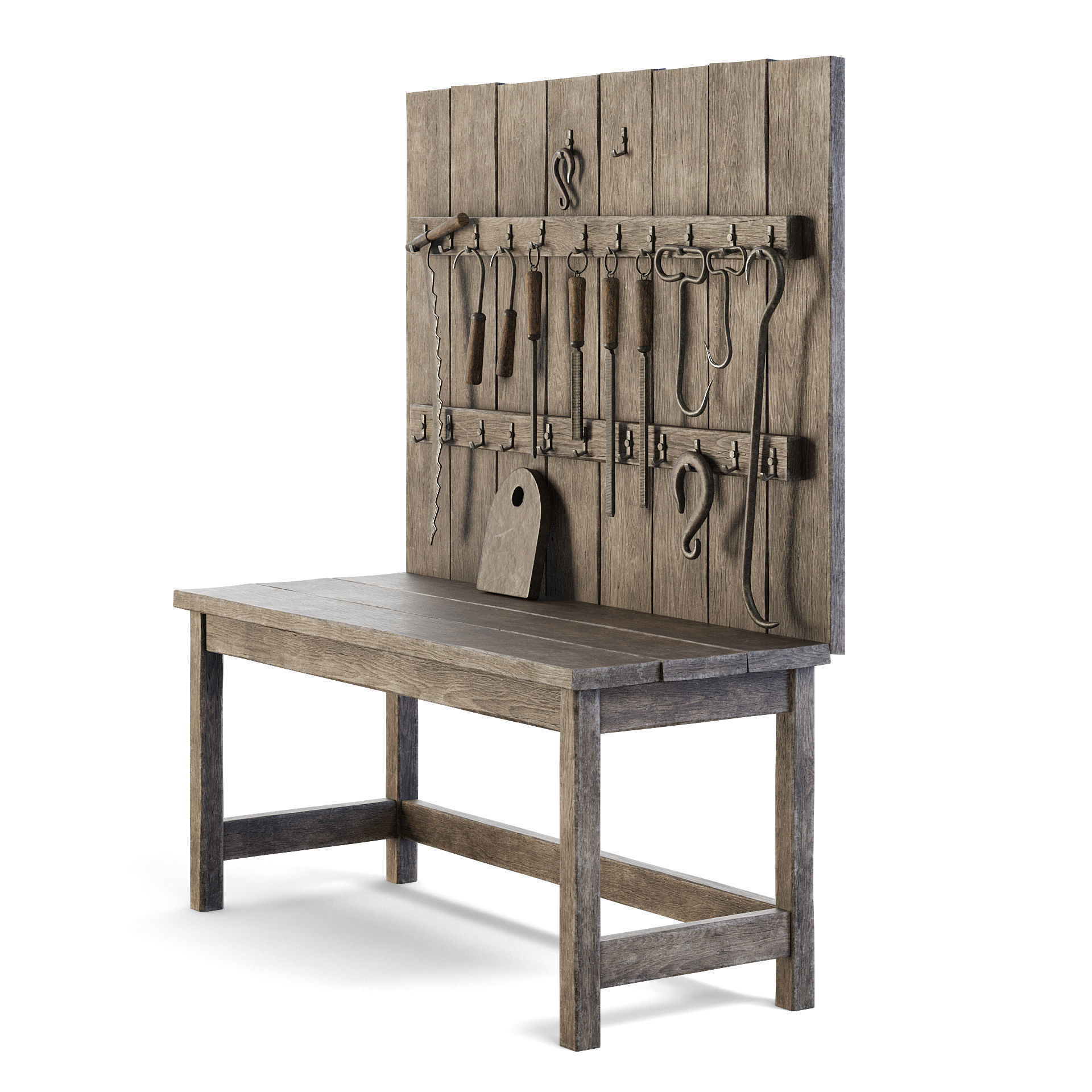 Old Wooden Wall Table with Tools 3D model_2