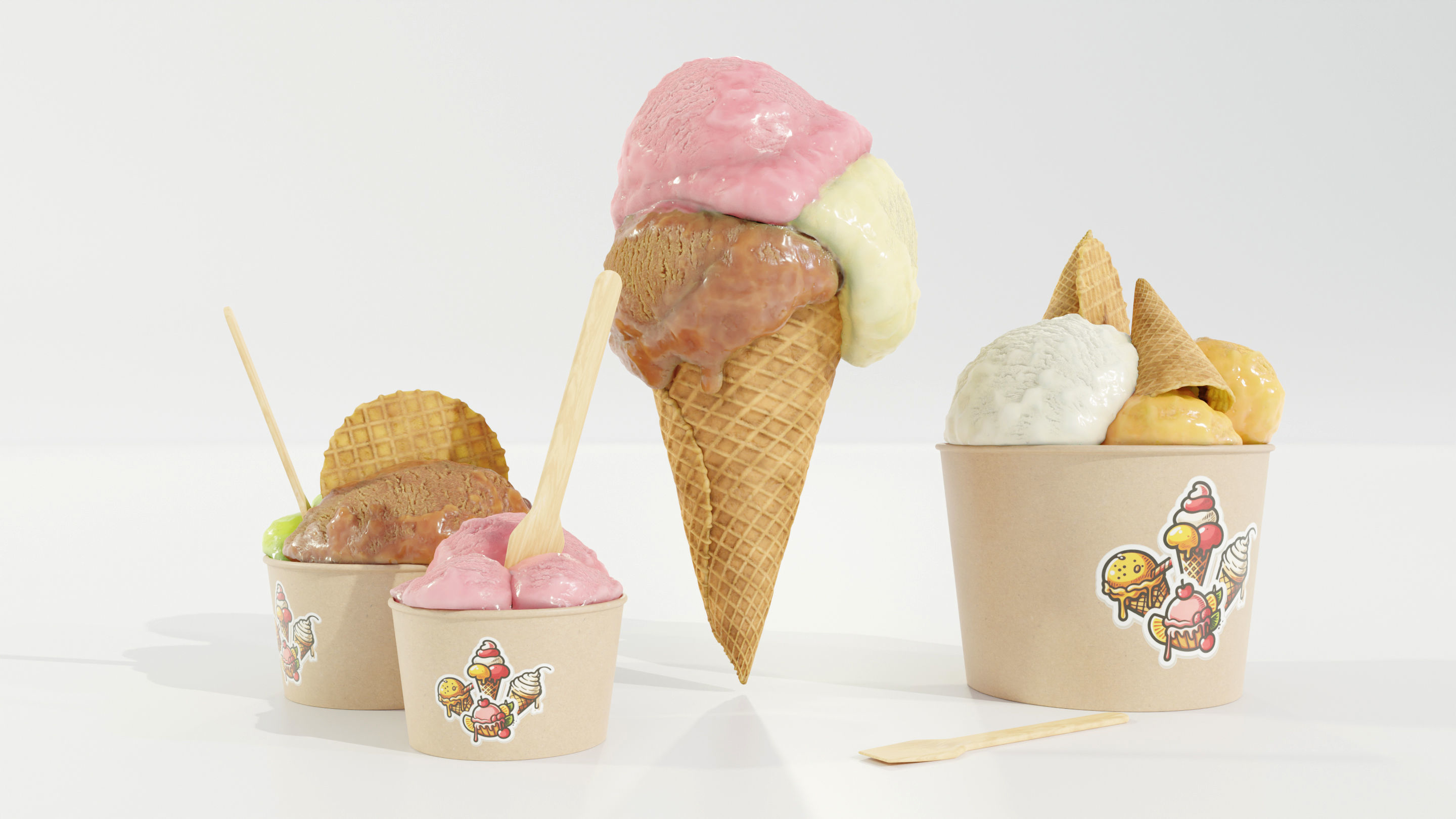 Ice Cream Cone and Cups 3D model_7