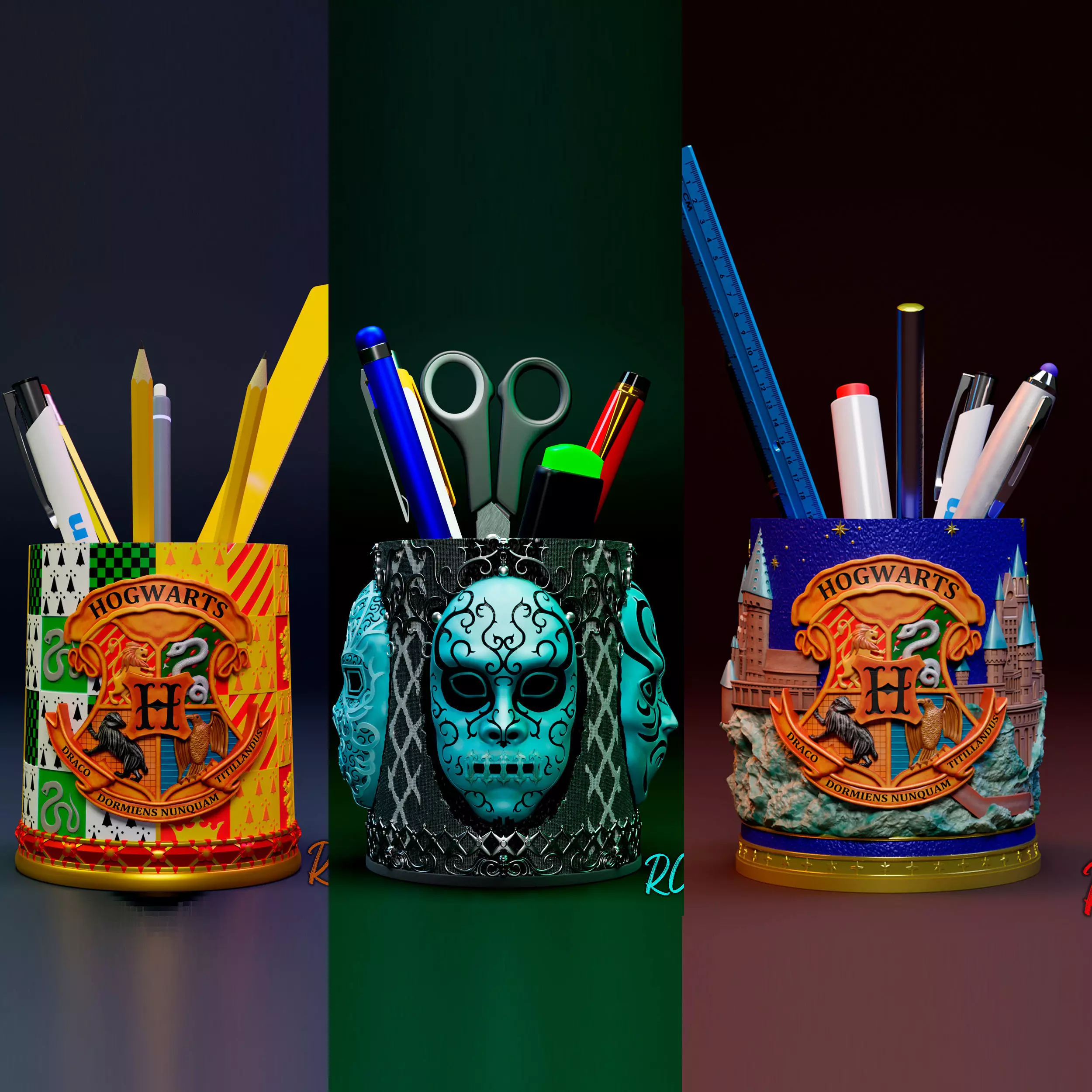 pen holder Harry Potter 3 in 1 Death Eaters Hogwarts 3D print model_0