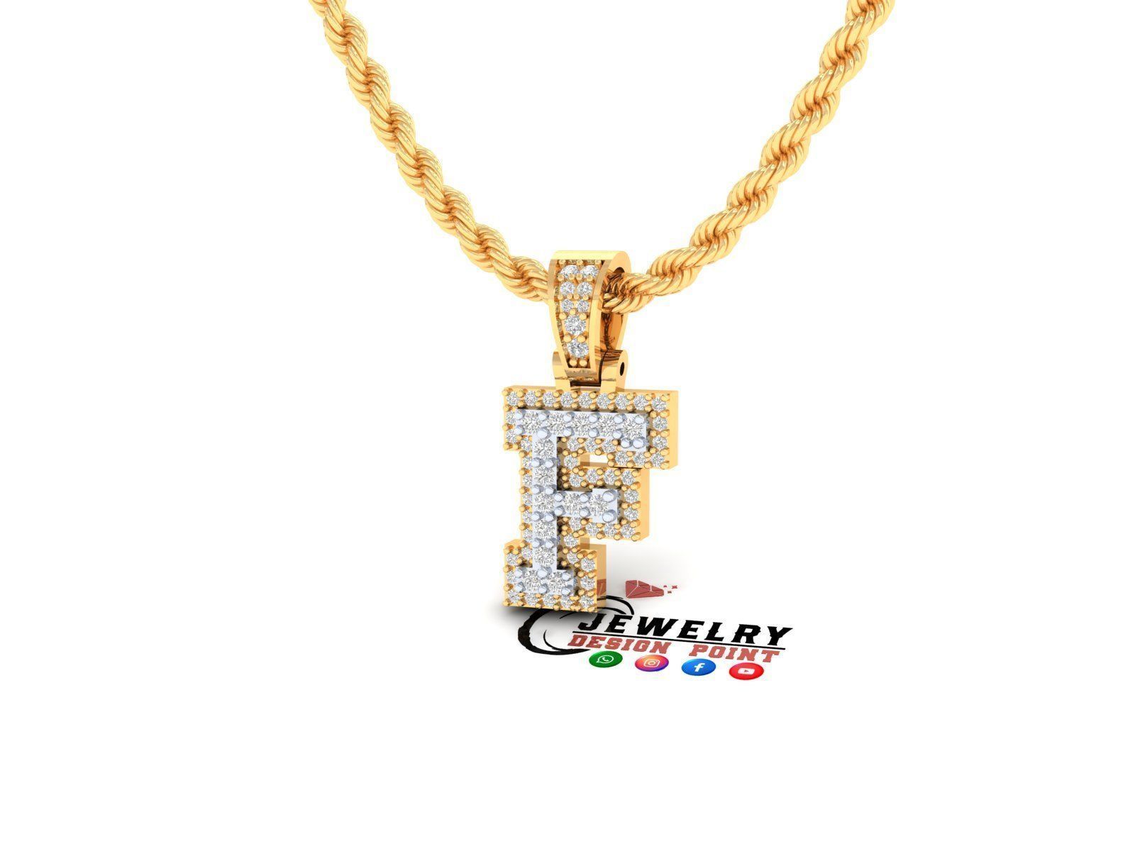 Custom Initial F Letter Diamond Pendant A to Z Alphabet Necklace 3D print model_3