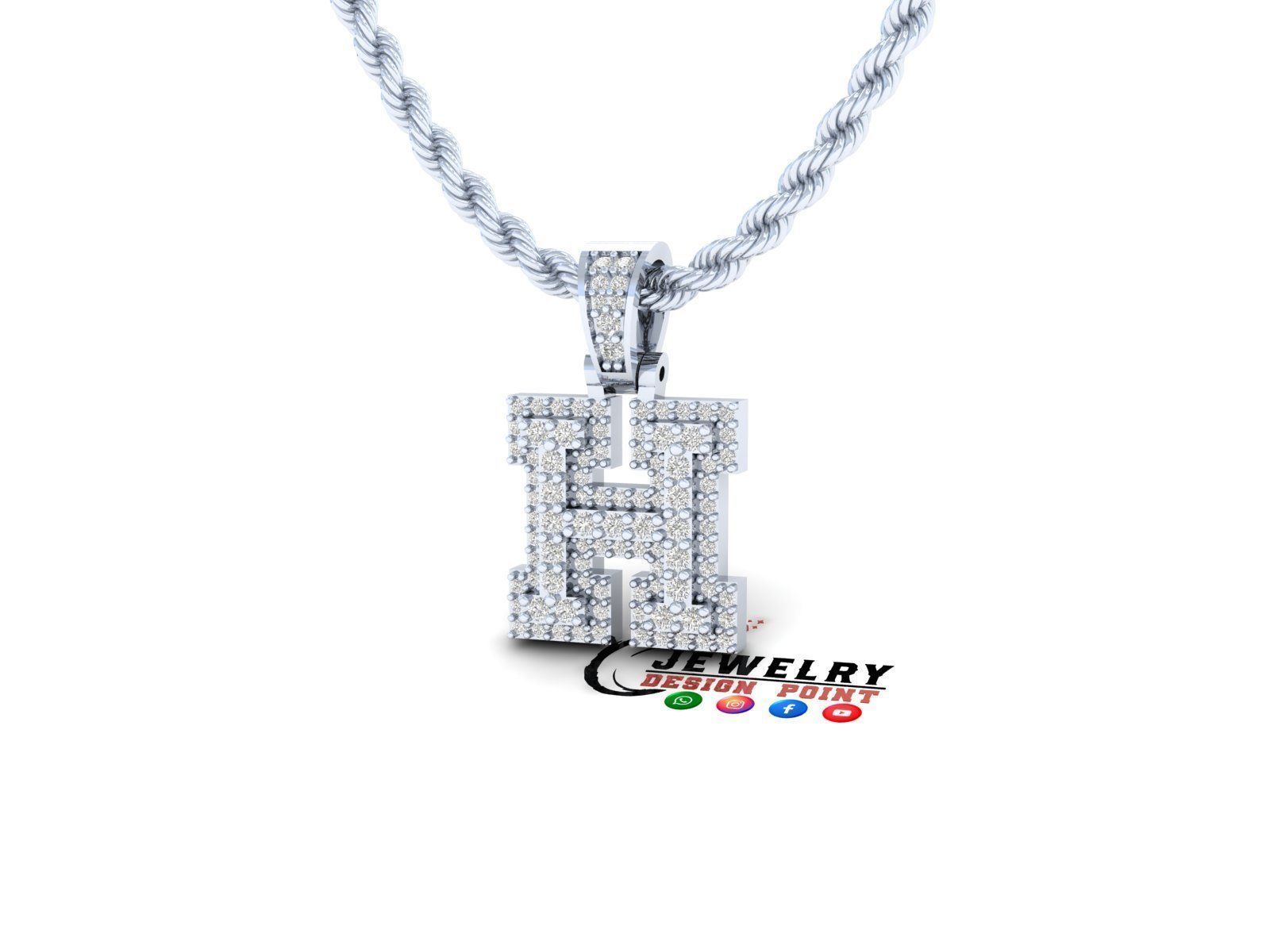 Custom Initial H Letter Diamond Pendant A to Z Alphabet Necklace 3D print model_2