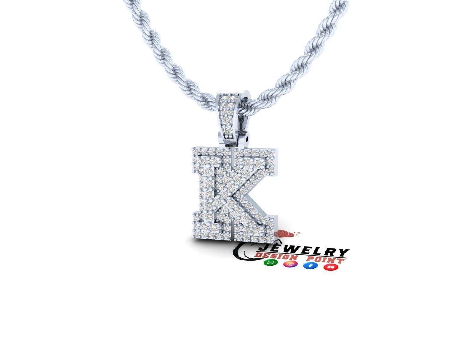 Custom Initial K Letter Diamond Pendant A to Z Alphabet Necklace 3D print model_4