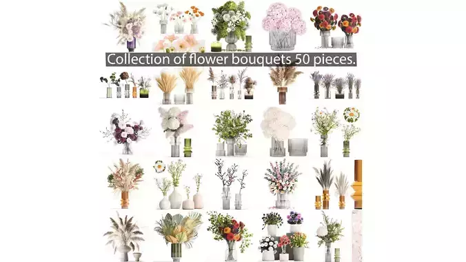 Collection of flower bouquets and vase set of 50 pieces 3D model