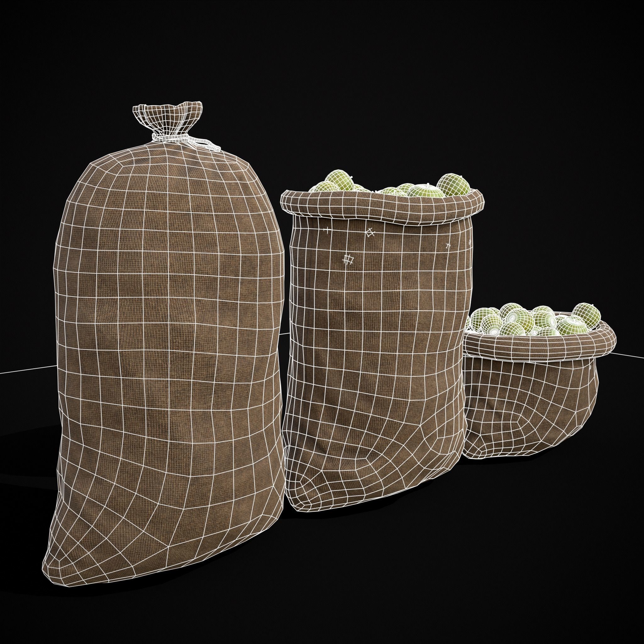 Burlap Sacks of Green Apples Low-poly 3D model_10