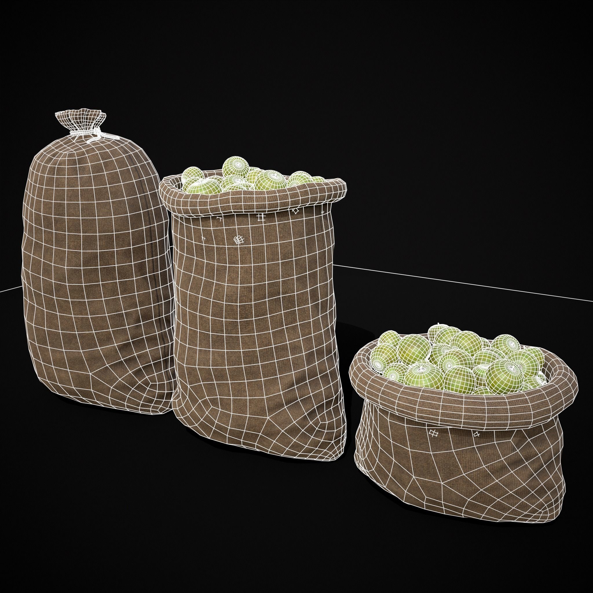 Burlap Sacks of Green Apples Low-poly 3D model_8